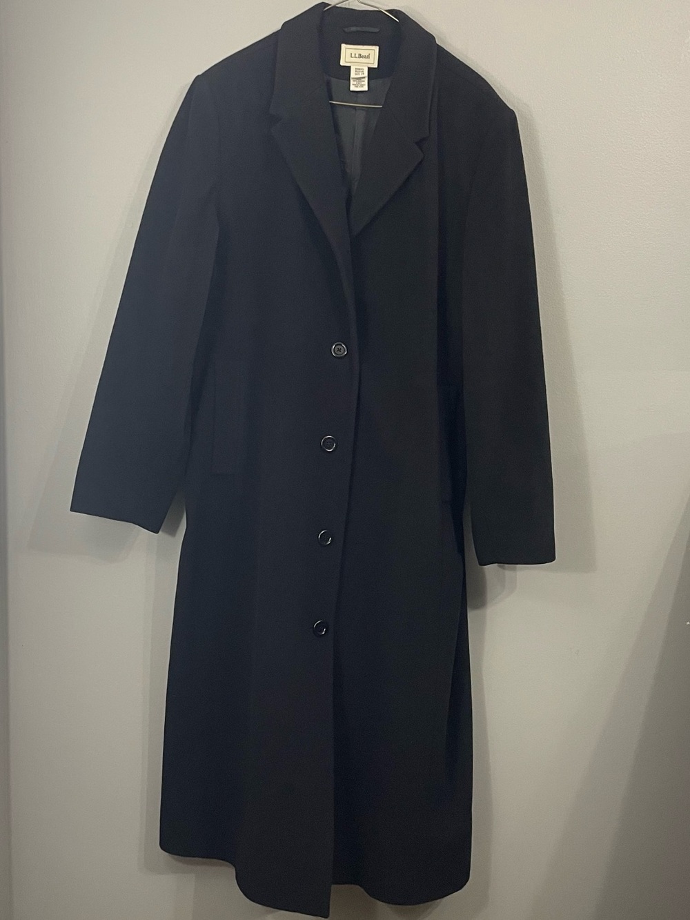 LL Bean Black Overcoat Trench Coat Wool Cashmere Long Sz 20 Dressy Formal Duster